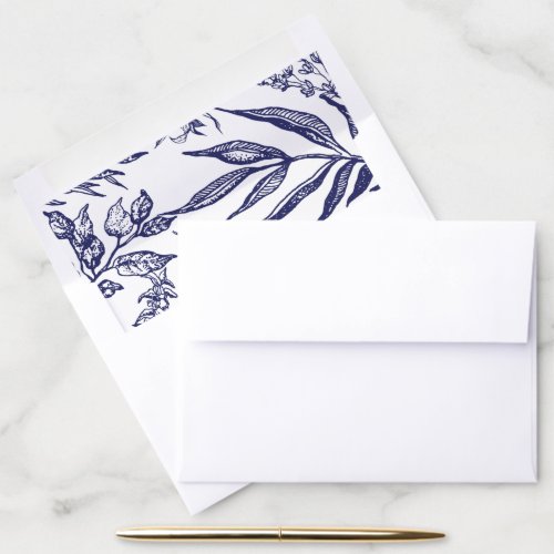 Vintage Elegant Navy Blue White Botanical Wedding Envelope Liner