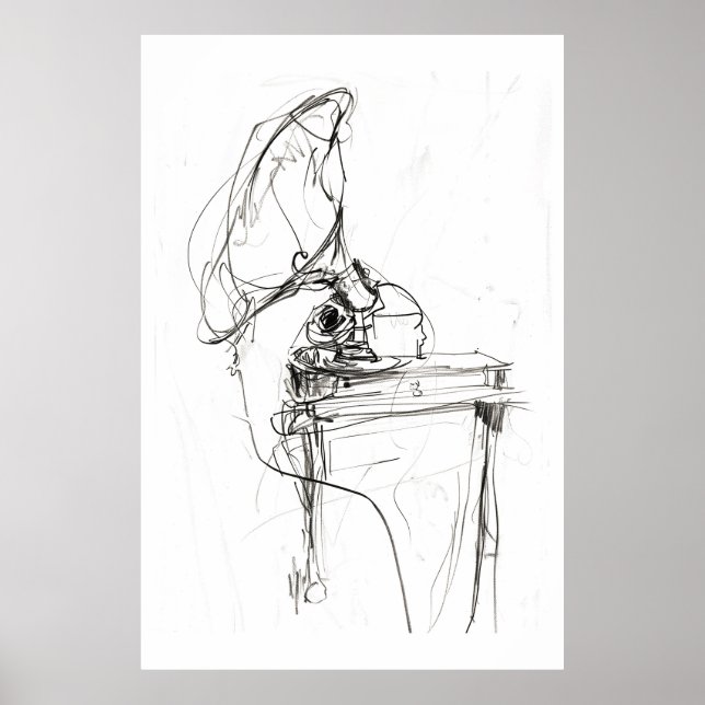 Vintage Elegant Old Gramophone Sketch - Premium Poster (Front)