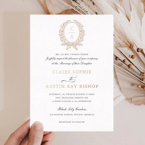 Vintage Elegant Olive Leaf Wreath Wedding Rose Foil Invitation