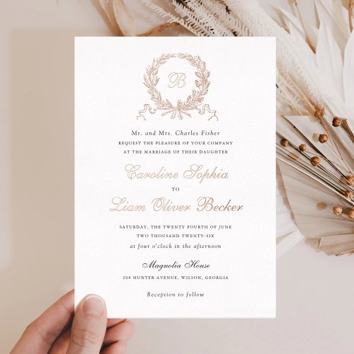 Vintage Elegant Olive Oak Wreath Monogram Wedding Foil Invitation