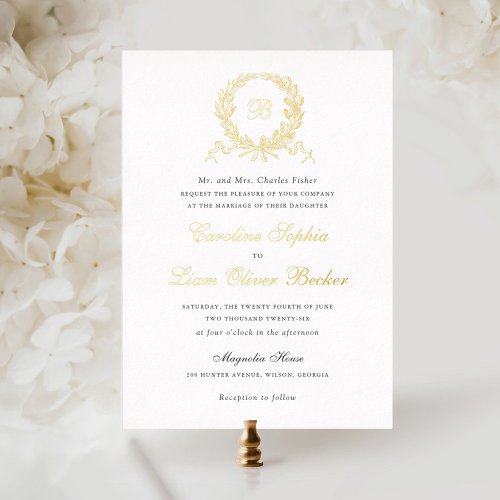 Vintage Elegant Olive Oak Wreath Monogram Wedding Foil Invitation