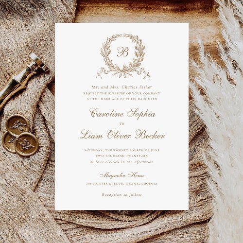 Vintage Elegant Olive Oak Wreath Monogram Wedding Invitation