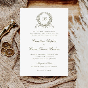 Vintage Elegant Olive Oak Wreath Monogram Wedding Invitation
