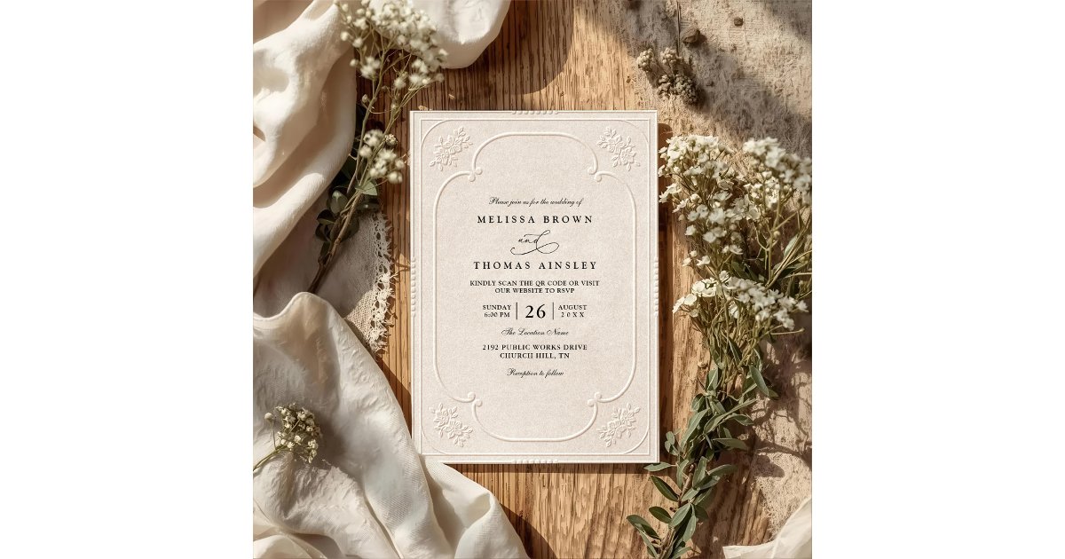 Vintage Elegant Ornate Embossing QR Code Wedding Invitation | Zazzle
