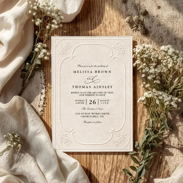 Vintage Elegant Ornate Embossing QR Code Wedding Invitation | Zazzle