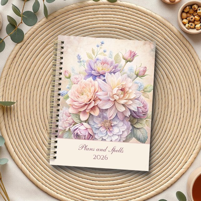 Vintage Elegant Pastel Wildflowers  Planner (Vintage Elegant Pastel Wildflowers Planner on a boho table with botanicals and a cup of tea.)