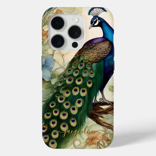 Vintage Elegant Peacock Feathers Art Nouveau Name iPhone 15 Pro Case