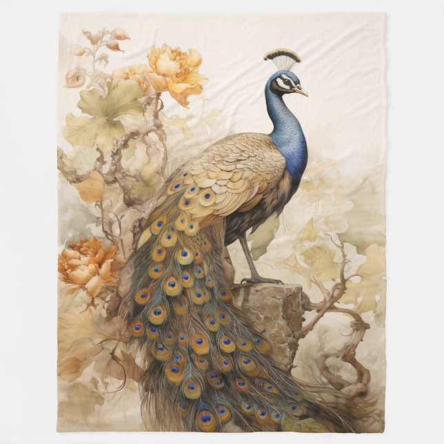 Vintage Elegant Peacock Fleece Blanket (Front)