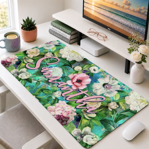 Vintage Elegant Pink Blue Floral Monogram Pattern Desk Mat