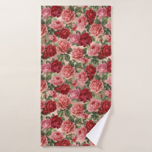 Vintage Elegant Pink Red Floral on Pink Rose Gold Bath Towel