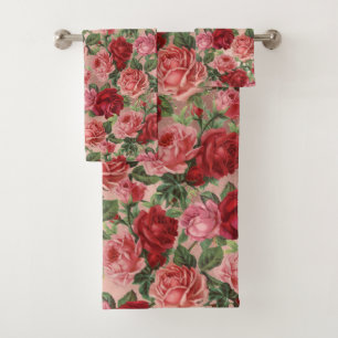 Vintage Elegant Pink Red Floral on Pink Rose Gold Bath Towel Set