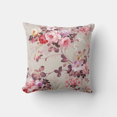 Vintage Elegant Pink Red Purple Roses Pattern Throw Pillow