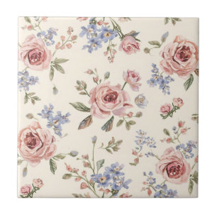 Vintage elegant pink rose floral decoupage ceramic tile