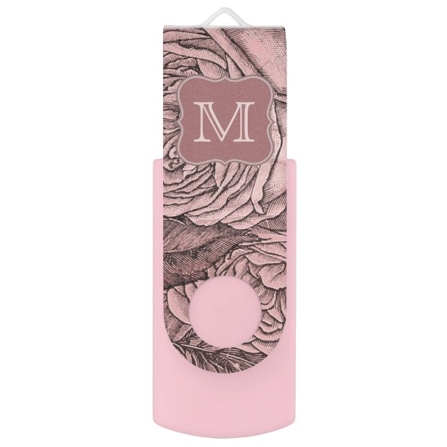 Vintage Elegant Pink Rose Pattern Monogram Flash Drive (Front Vertical)