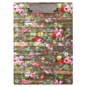 Vintage Elegant Pink Roses Brown Wood Photo Print Clipboard