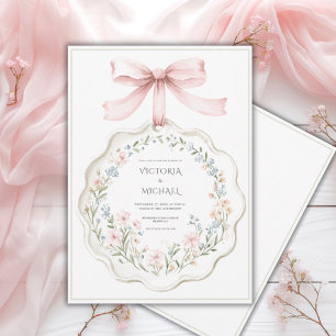 Vintage Elegant Pink Sage Green Floral Wedding Invitation