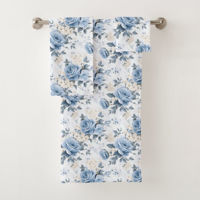 Vintage Elegant Powder Blue Navy Bath Towel Set (Insitu)