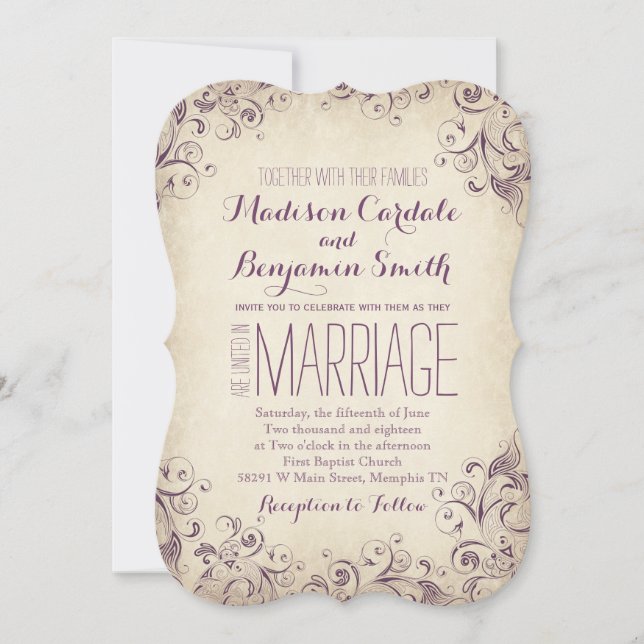 Vintage Elegant Purple Flourish Wedding Invitation (Front)