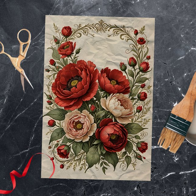 Vintage Elegant Red and Cream Peonies Tissue Paper (Creator Uploaded)