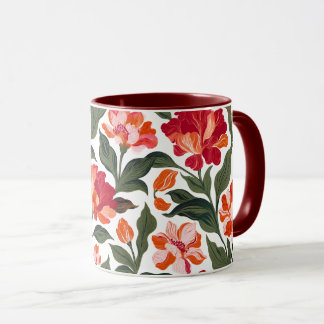 Vintage Elegant Red & Coral Floral Pattern Black Mug