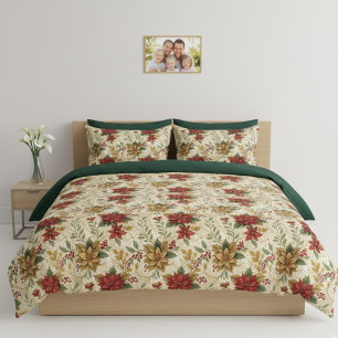 Vintage Elegant Red & Gold Poinsettia Flora Duvet Cover