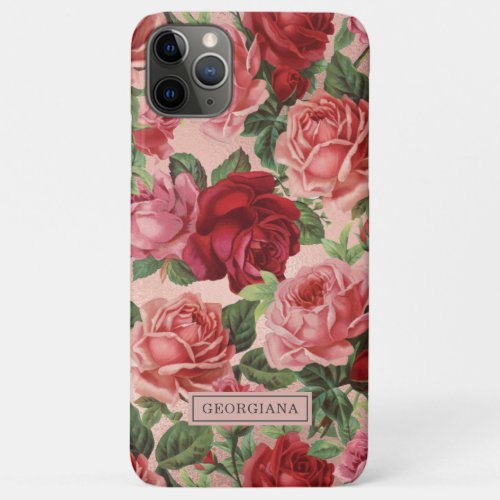 Vintage Elegant Red Pink Rose Floral Custom Name iPhone 11 Pro Max Case