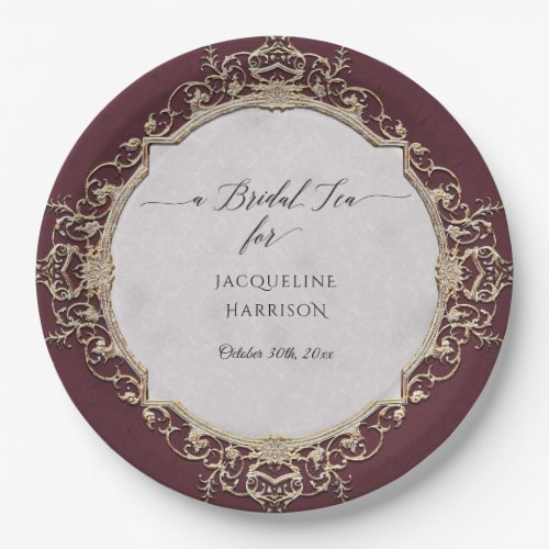 Vintage Elegant Rococo Wine and Gold Bridal Tea Paper Plates