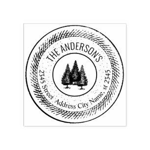 Vintage elegant rustic trees round family name rubber stamp