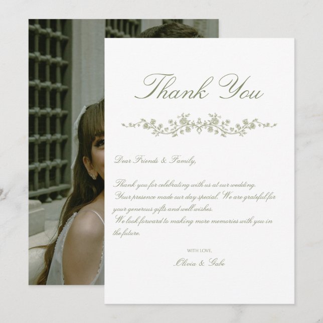 Vintage Elegant Sage Green French Floral Thank You Card (Front/Back)
