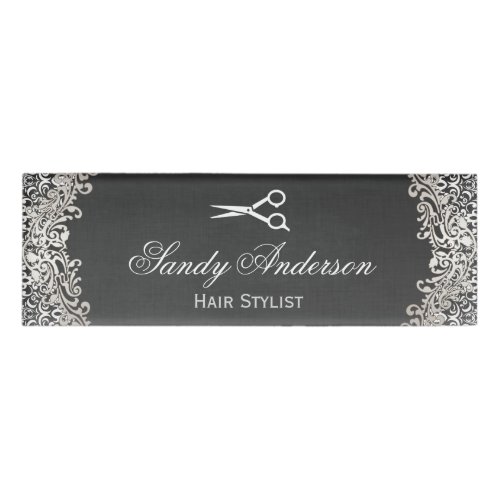 Vintage Elegant Silver Damask Hair Stylist Salon Name Tag
