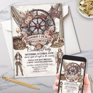 Vintage Elegant Skull Pirate Adult Halloween Party Invitation