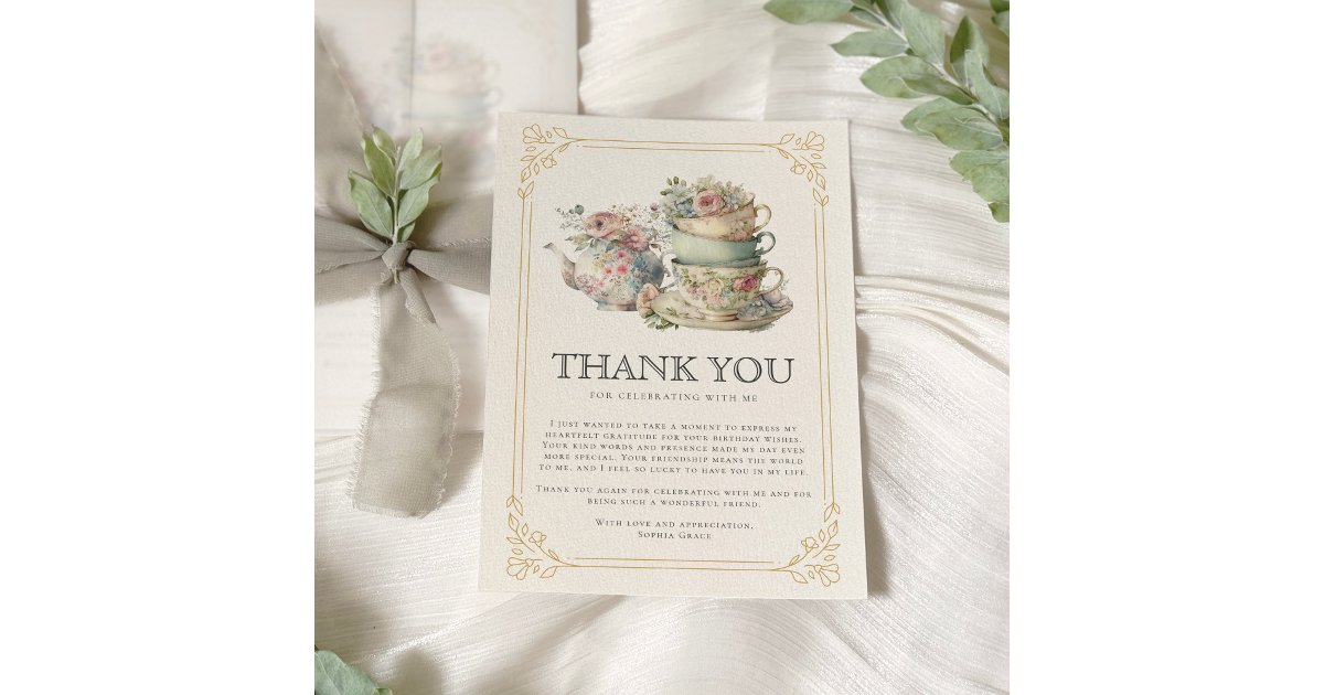 Vintage Elegant Tea Party Bridal Shower Thank You Card | Zazzle