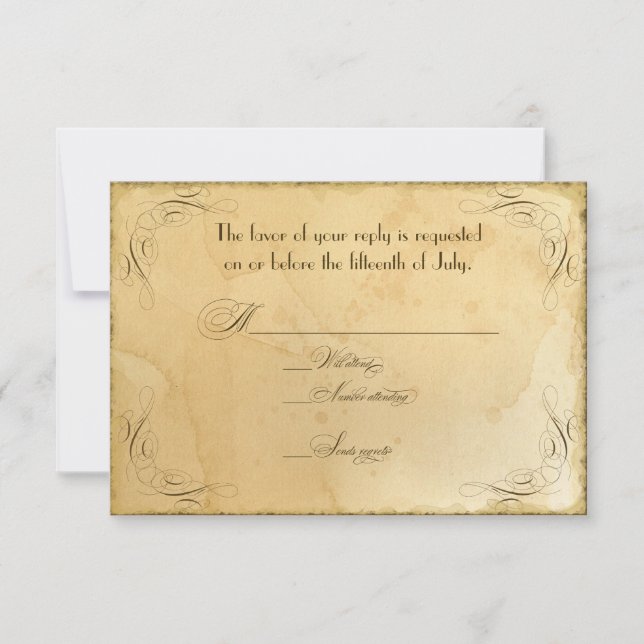 Vintage Elegant Tea Stained Wedding RSVP Card (Front)