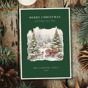 Vintage Elegant Watercolor Winter Robin in Forest Holiday Card