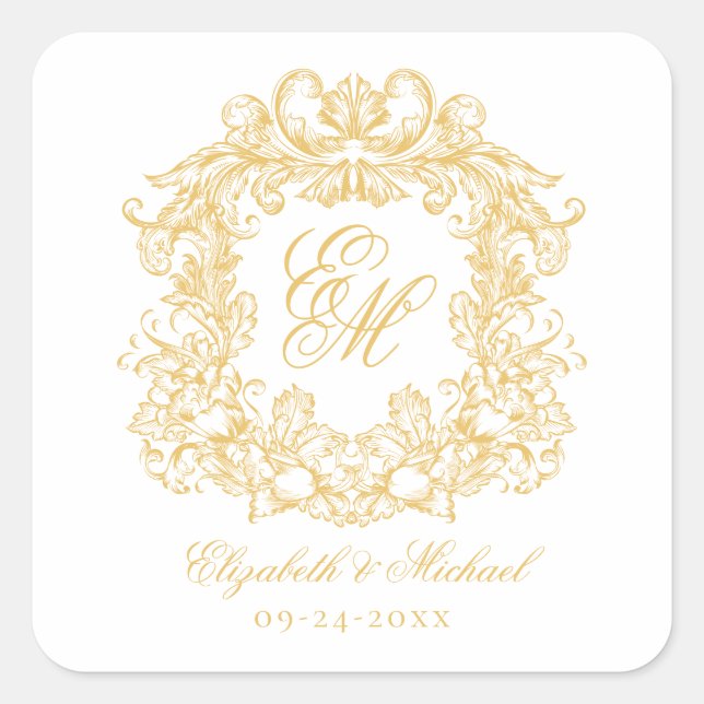 Vintage Elegant Wedding Monogram Crest Gold Square Sticker (Front)