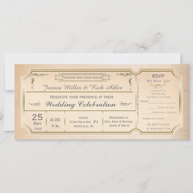 Vintage Elegant Wedding Ticket Invitation w/ RSVP (Front)