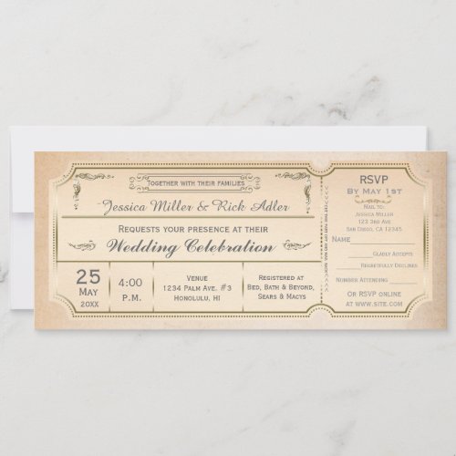 Vintage Elegant Wedding Ticket Invitation w RSVP