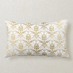 Vintage elegant white gold chic floral damask lumbar pillow