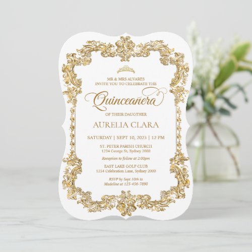 Vintage Elegant White Gold Tiara Quinceanera Invitation