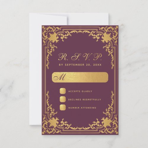 Vintage Elegant Wine Color Faux Gold Foil Wedding RSVP Card