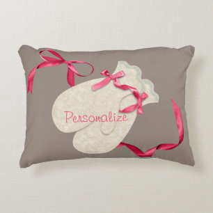 Vintage elegant winter mittens ribbon lace snow accent pillow