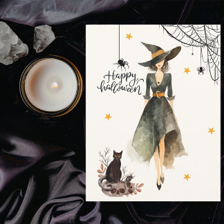 Vintage Elegant Witch Cat Photo Gothic Halloween Card