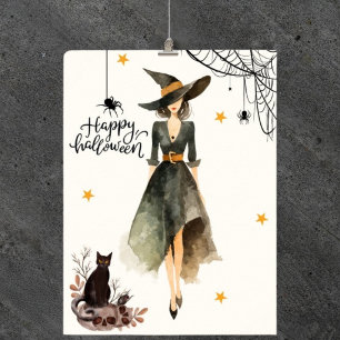 Vintage Elegant Witch Cat Spiders Gothic Halloween Poster