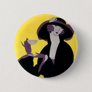 Vintage Elegant Woman Drinking Afternoon Tea Party Button
