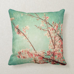 Vintage elegant worn teal wood & cherry blossom throw pillow