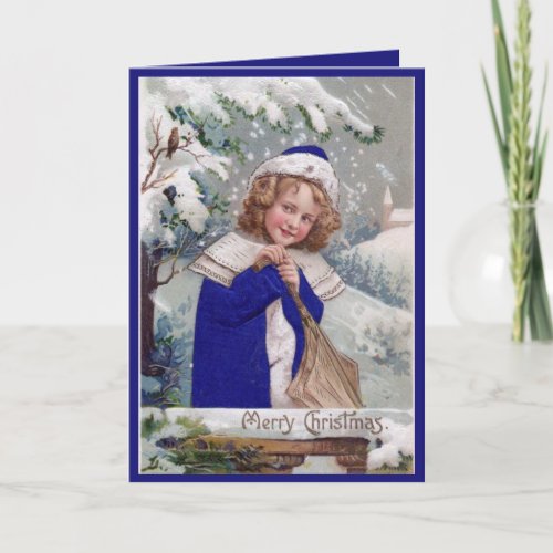 Vintage elegant young lady in snow  greeting card
