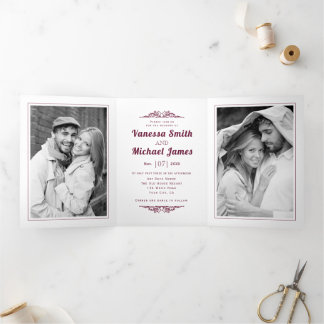 Vintage elements, burgundy typography wedding Tri-Fold invitation