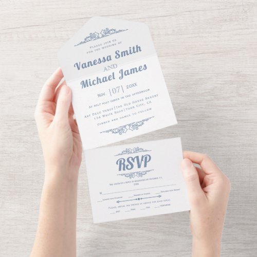 Vintage elements dusty blue typography wedding  all in one invitation