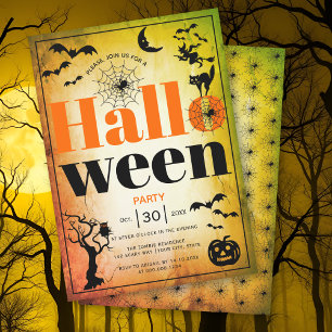 Vintage elements orange adult Halloween party Invitation