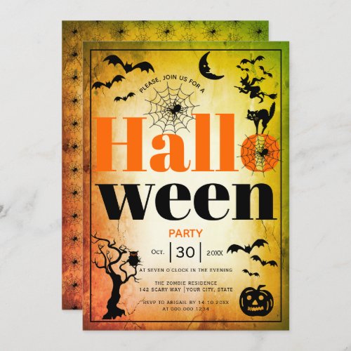 Vintage elements orange adult Halloween party Invitation